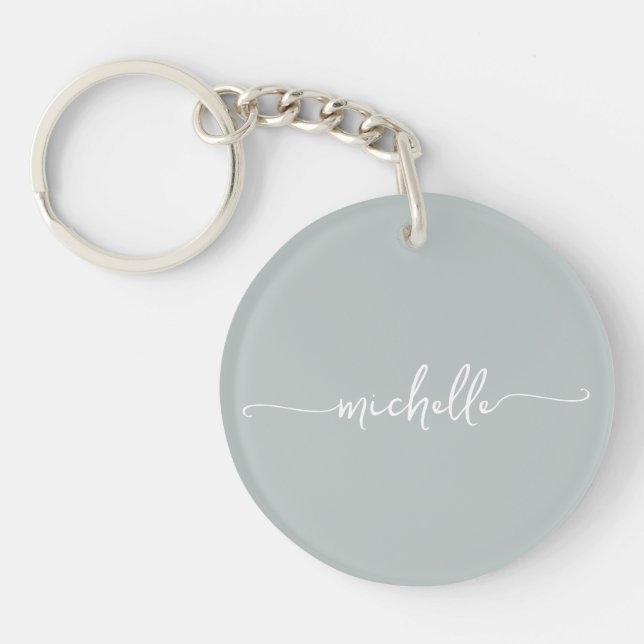 Sage Green Minimalist Monogram Name Script Keychain (Front)