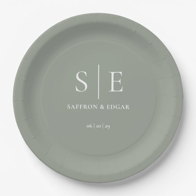 Sage Green Minimalist Monogram Wedding Paper Plate (Front)