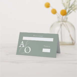 Sage Green Minimalist Monogram Wedding Reception Place Card
