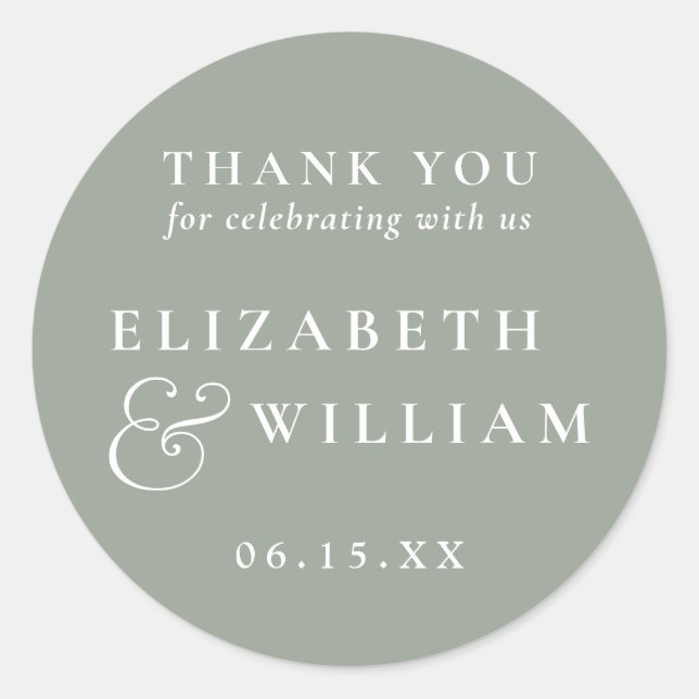 Sage Green Minimalist Monogram Wedding Thank You Classic Round Sticker (Front)