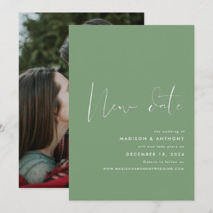 Sage Green Minimalist Photo New Date Wedding Announcement