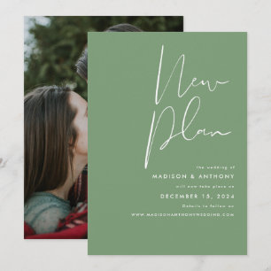 Sage Green Minimalist Photo New Plan Wedding Announcement