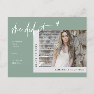Sage Green Minimalist Photo She Did It Graduation  Postcard