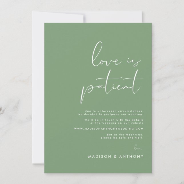 Sage Green Minimalist Photo Wedding Postponement Announcement (Front)
