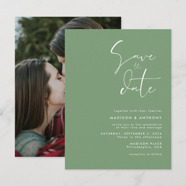 Sage Green Minimalist Save the Date Wedding Photo Invitation Postcard (Front/Back)