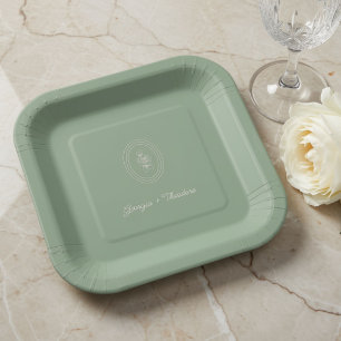 Sage Green   Minimalist Script Floral Wedding  Paper Plate