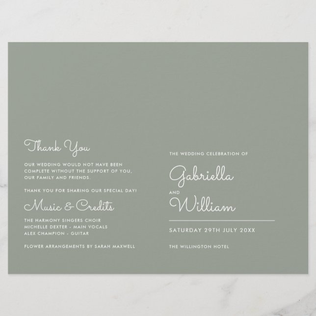 Sage Green Minimalist Script Wedding Program (Front)