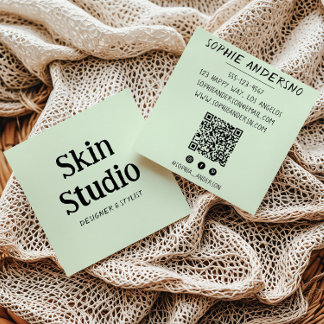 Sage Green Minimalist Skin Studio Qr Code Square Business Card