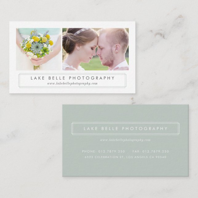 Sage Green Minimalist Two Photo Layout Modern Business Card (Front/Back)
