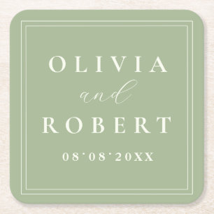 Sage Green Minimalist Wedding Monogram Square Paper Coaster