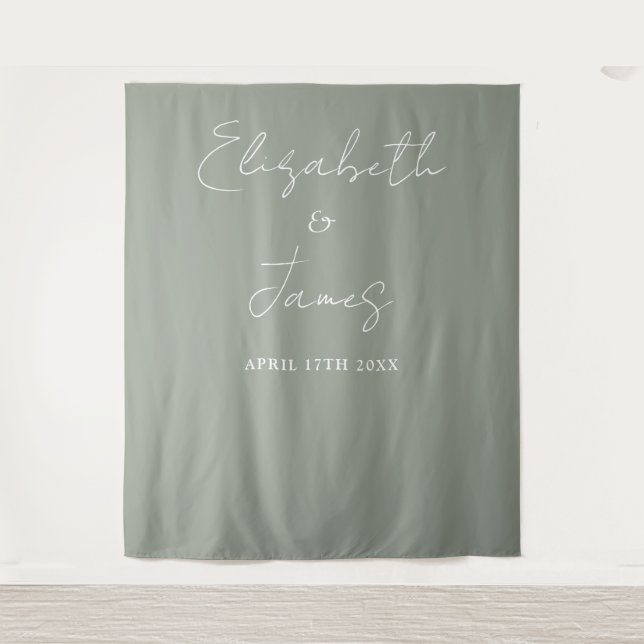 Sage Green Minimalist Wedding Photo Backdrop Tapestry (Front)