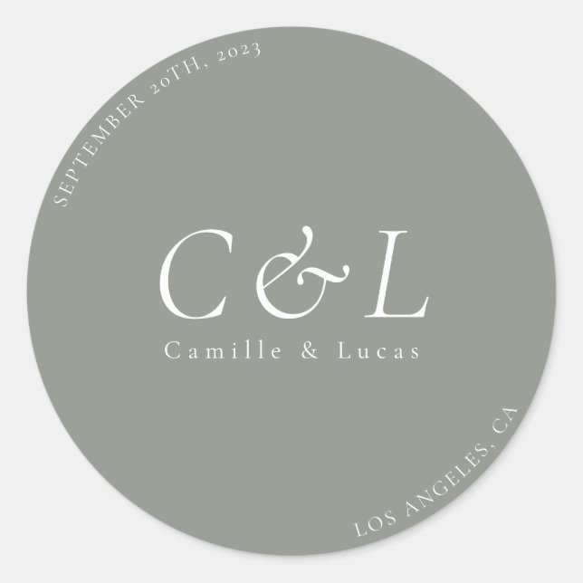 Sage Green Minimalist wedding round sticker (Front)