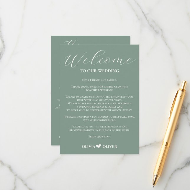 Sage green minimalist wedding weekend itinerary enclosure card (Front/Back In Situ)