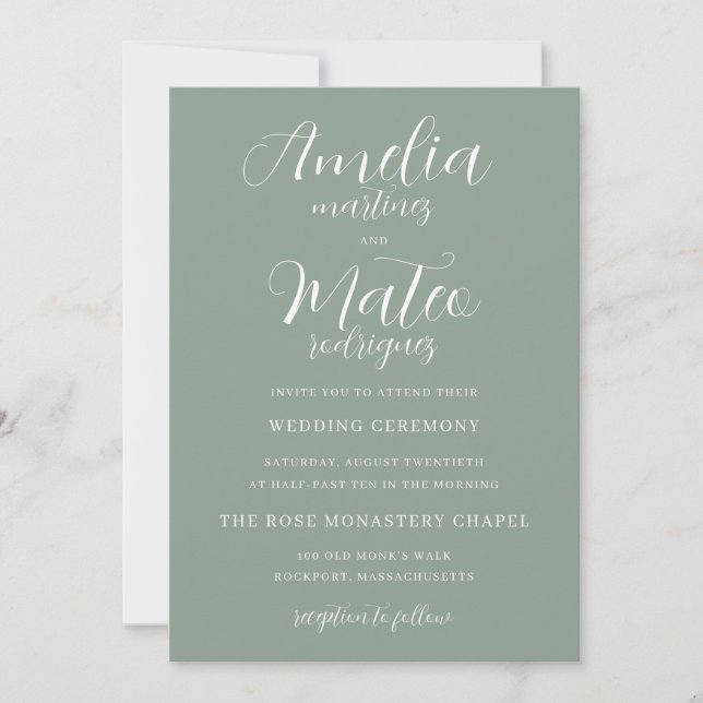 Sage Green Minimalist White Script Wedding Invitation (Front)