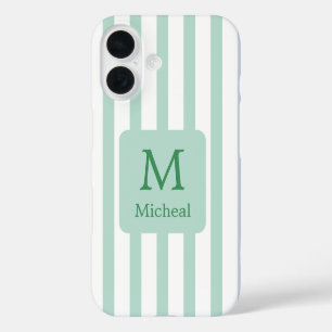 Sage Green Mint Stripes Monogram Classic Font iPhone 16 Case