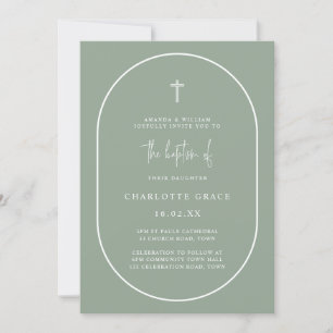 Sage Green Modern Arch Script Minimalist Baptism  Invitation