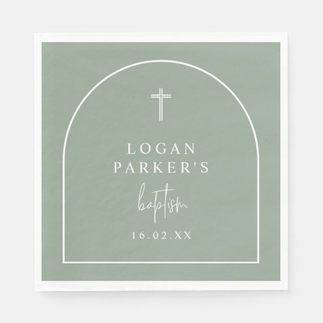 Sage Green Modern Arch Script Minimalist Baptism N Napkin (Front)
