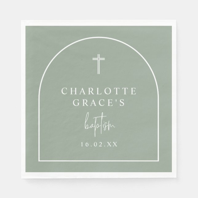 Sage Green Modern Arch Script Minimalist Baptism Napkin (Front)
