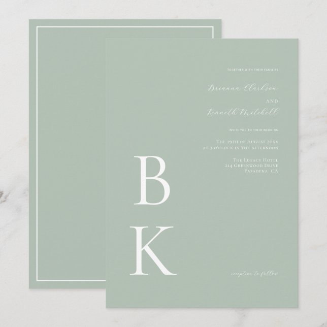 Sage Green Modern Bold Monogram Typography Wedding Invitation (Front/Back)