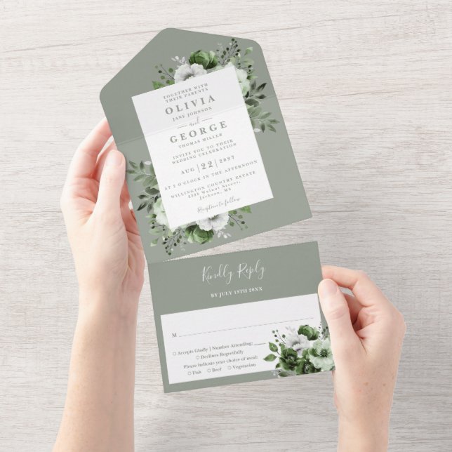 Sage Green Modern Botanical Floral Wedding All In One Invitation (Tearaway)