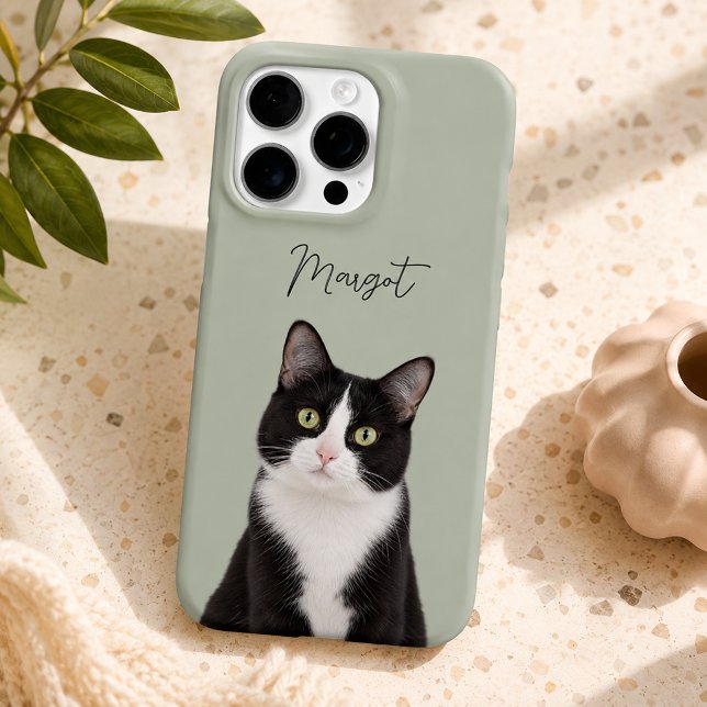 Sage Green Modern Cat Photo and Script Pet Name iPhone Case (Creator Uploaded)