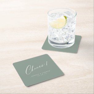 Sage Green modern cheers script minimalist wedding Square Paper Coaster