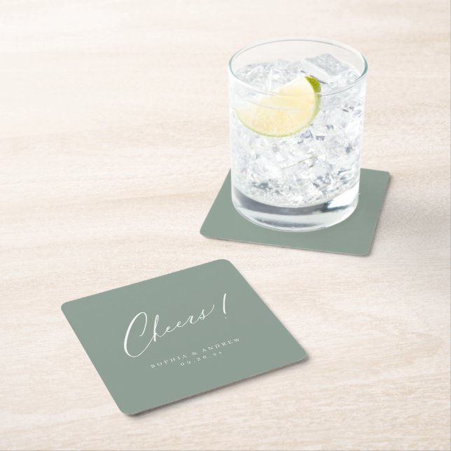 Sage Green modern cheers script minimalist wedding Square Paper Coaster (Insitu)