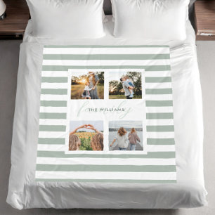 Sage Green Modern Elegant Family 4 Photo  Fleece Blanket