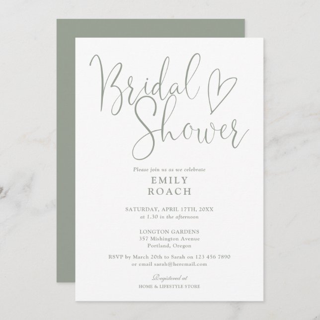 Sage Green Modern Elegant Script Bridal Shower Invitation (Front/Back)
