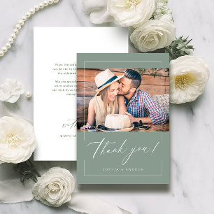 Sage Green modern elegant script photo wedding Thank You Card