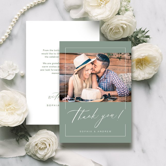 Sage Green modern elegant script photo wedding Thank You Card (Sage Green modern elegant script photo wedding Thank You Card)