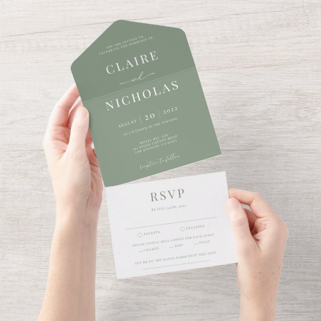 Sage Green Modern Elegant Wedding All In One Invitation (Tearaway)