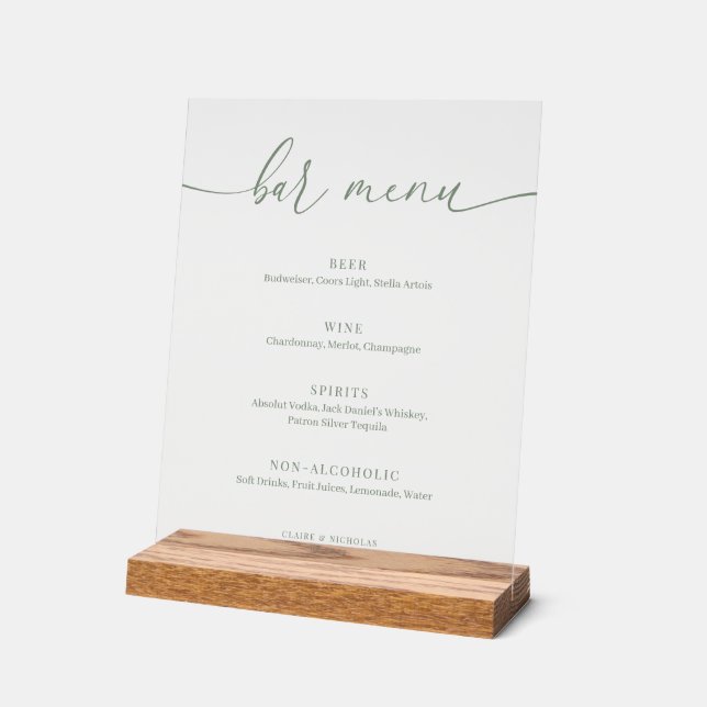 Sage Green Modern Elegant Wedding Bar Menu Acrylic Sign (Angle)