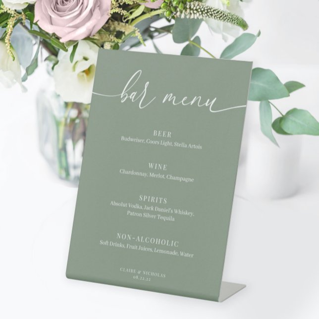 Sage Green Modern Elegant Wedding Bar Menu Pedestal Sign (Creator Uploaded)