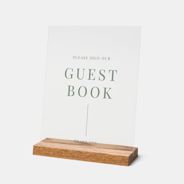 Sage Green Modern Elegant Wedding Guestbook Acrylic Sign (Angle)