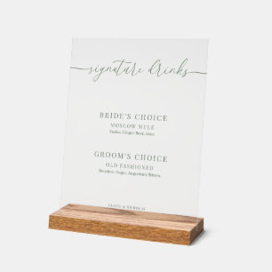 Sage Green Modern Elegant Wedding Signature Drinks Acrylic Sign