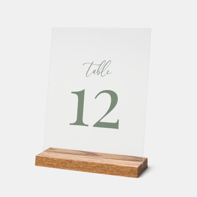 Sage Green Modern Elegant Wedding Table Number Acrylic Sign (Angle)