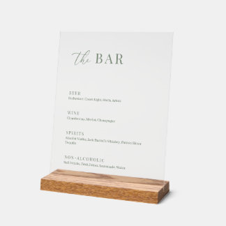 Sage Green Modern Elegant Wedding The Bar Menu Acrylic Sign