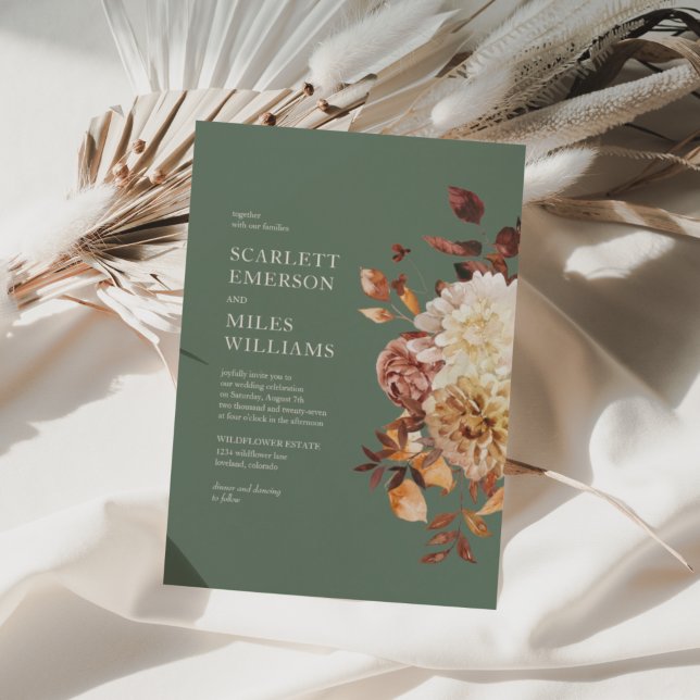 Sage Green Modern Fall Terracotta Floral Wedding Invitation (Fall Copper Leaves Sage Green Floral Wedding Invitation by Painted Paperie)