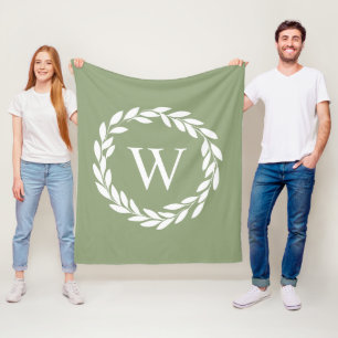 Sage Green Modern Farmhouse Style Monogrammed  Fleece Blanket