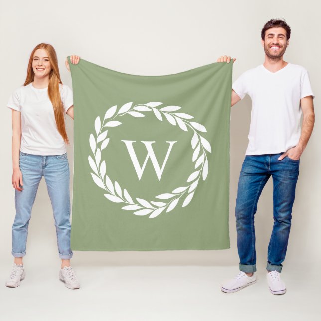 Sage Green Modern Farmhouse Style Monogrammed  Fleece Blanket (In Situ)