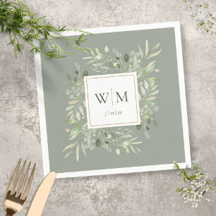 Sage Green Modern Greenery Gold Geometric Monogram Napkin