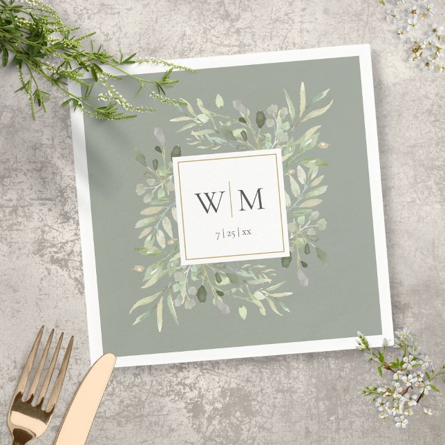 Sage Green Modern Greenery Gold Geometric Monogram Napkin (Creator Uploaded)