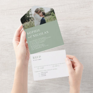 Sage Green Modern Handwritting Photo Wedding All In One Invitation