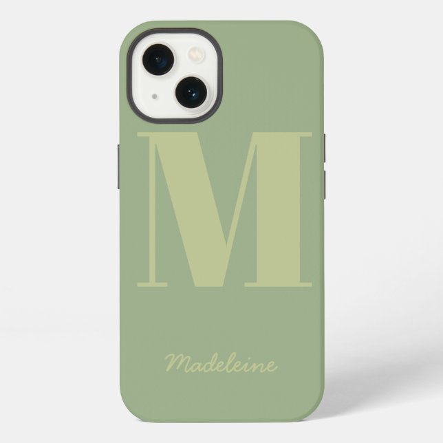 Sage Green Modern Minimal Monogram Initial Name iPhone Case (Back)