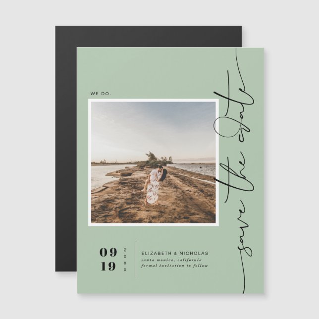 Sage Green | Modern Minimal Save the Date Photo Magnetic Invitation (Front/Back)