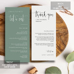 Sage Green Modern Minimal Thank You Placecard Menu<br><div class="desc">Check out this All-in-One Modern Minimalist Menu Table Escort Place Card with Thank You for your wedding or party event! This menu card features an elegant calligraphy script of "let's eat" on the front with a clean and simple block sans serif typography font on a sage green background and elegant...</div>