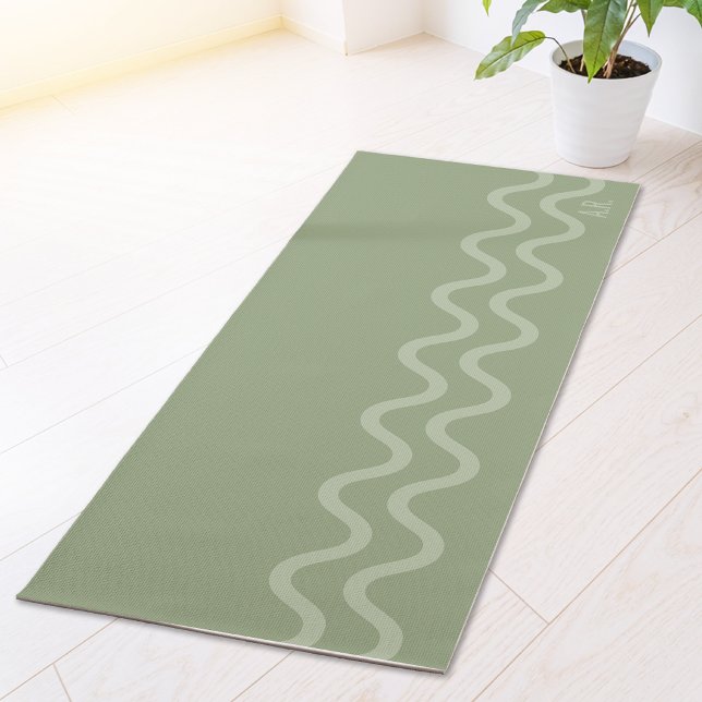 Sage Green Modern Minimal Wavy Lines And Initials Yoga Mat (Disclaimer: This image is a digital mockup.)