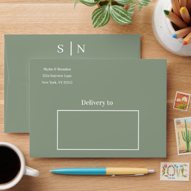 Sage Green Modern Minimal Wedding Envelope (Desk)