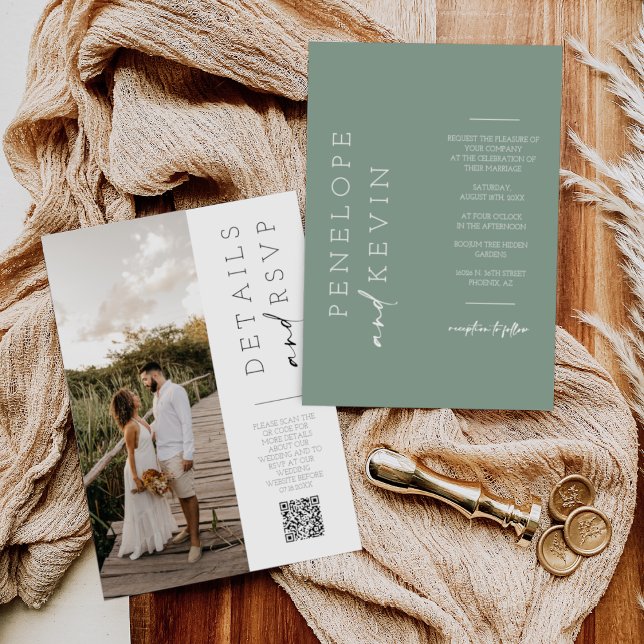 Sage Green Modern Minimal Wedding Photo QR Code Invitation (Creator Uploaded)